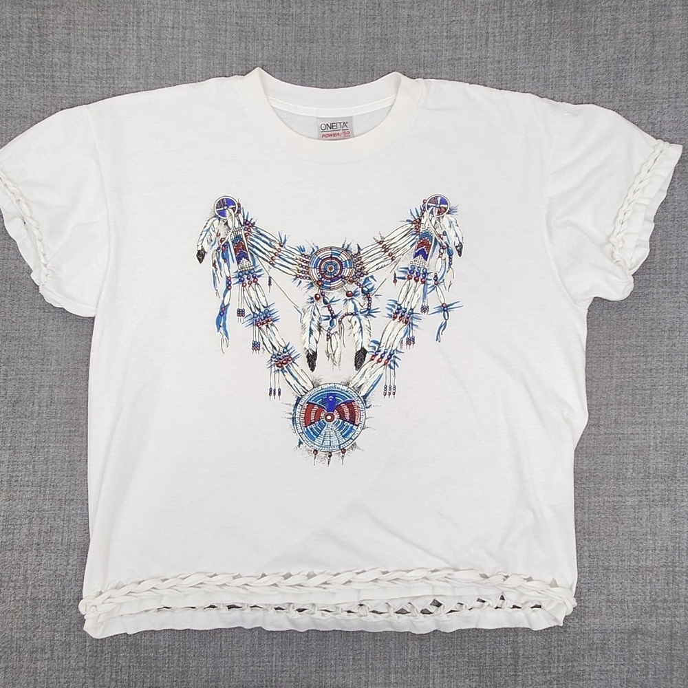 Oneita White Native American- Inspired Dreamcatcher Graphic With Cut Out Design.